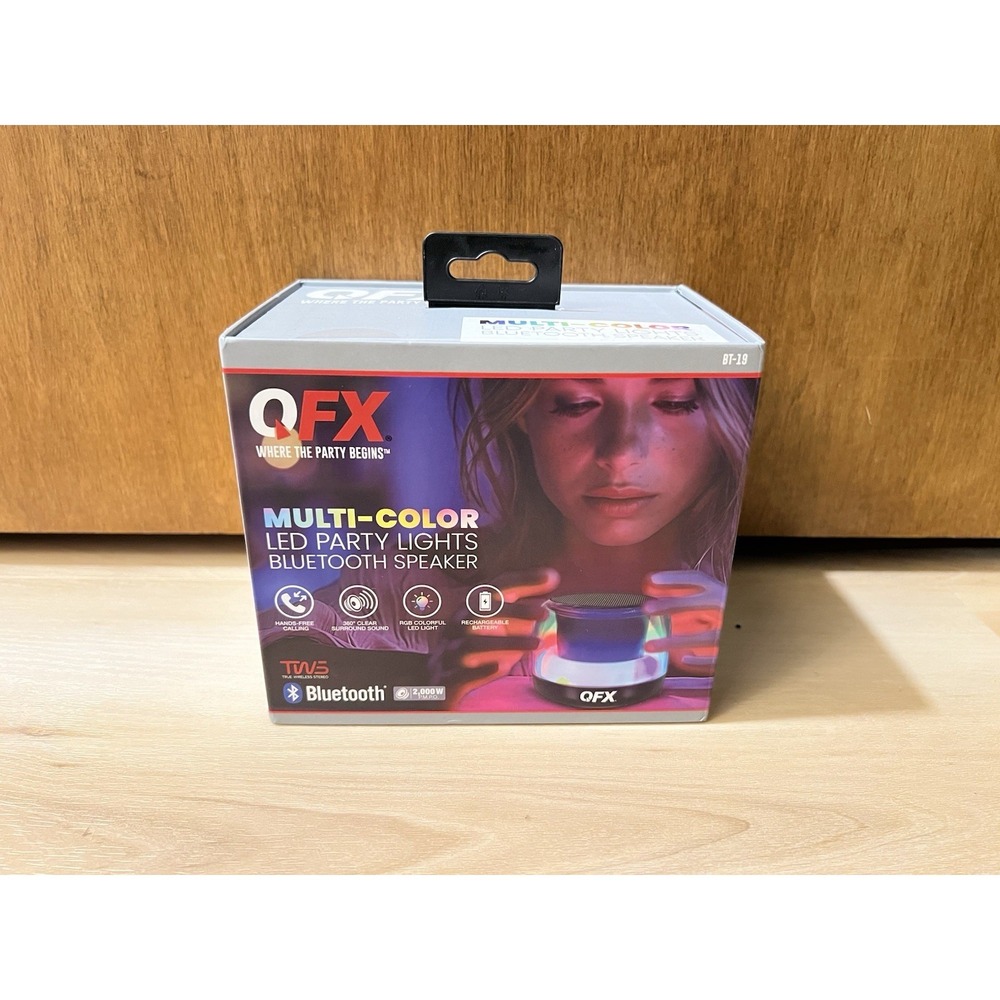 QFX BT-19 Portable Speaker Bluetooth USB/FM LED Party Lights Mini Multi Light